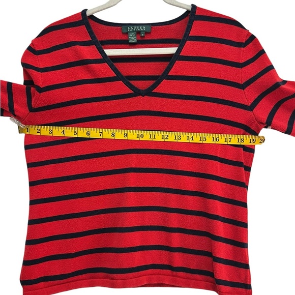 Lauren Ralph Lauren v-neck Sweater. Red with Navy Blue Horizontal Stripes Medium - Picture 3 of 6